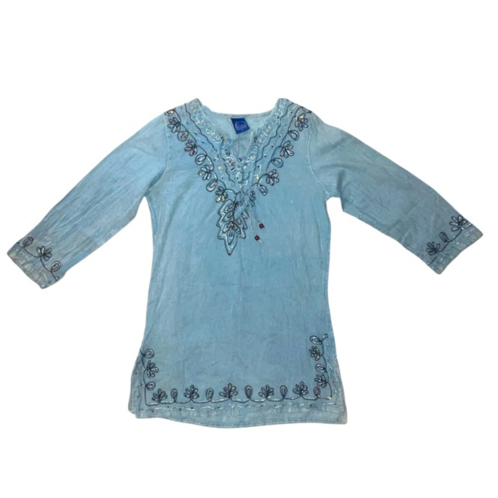 Shoe Shock Denim Beaded Embroidered Detail Tunic Top 3/4 Sleeve VNeckline Size S